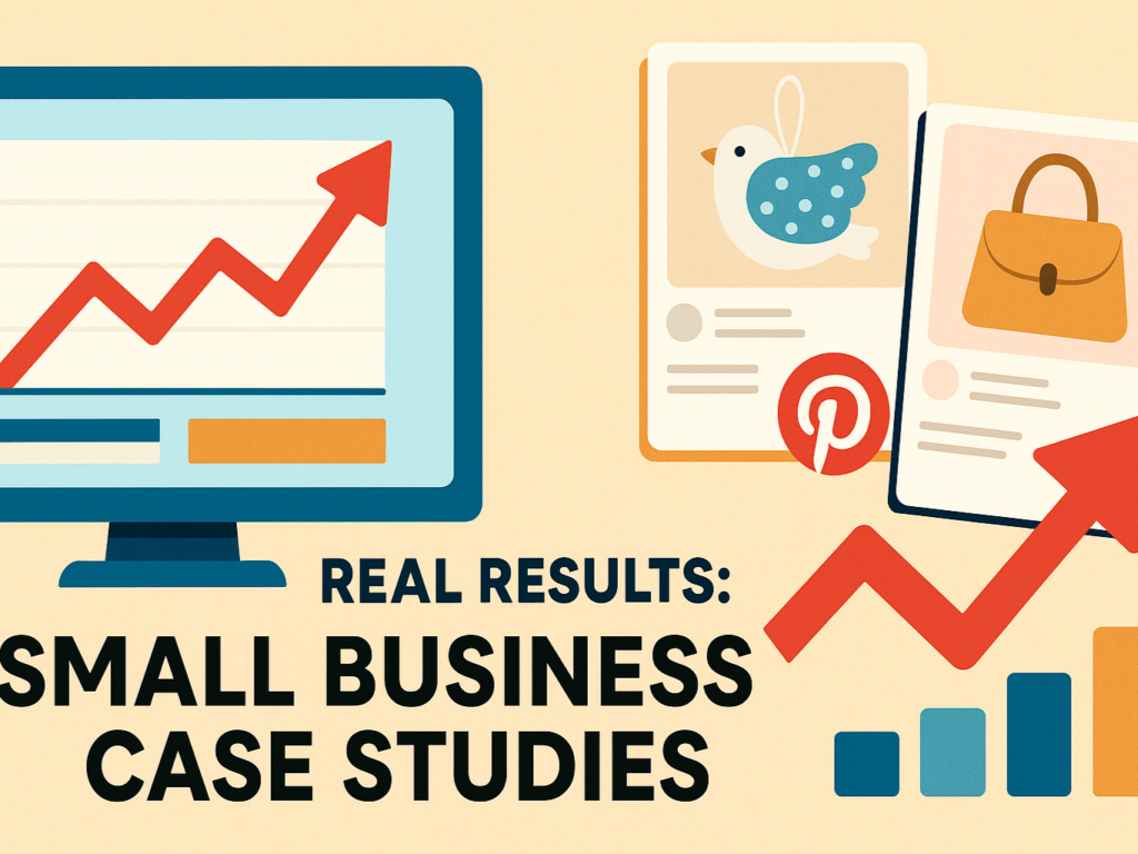 Illustration of small business success with Pinterest marketing, showing analytics growth, pin designs, and product images.