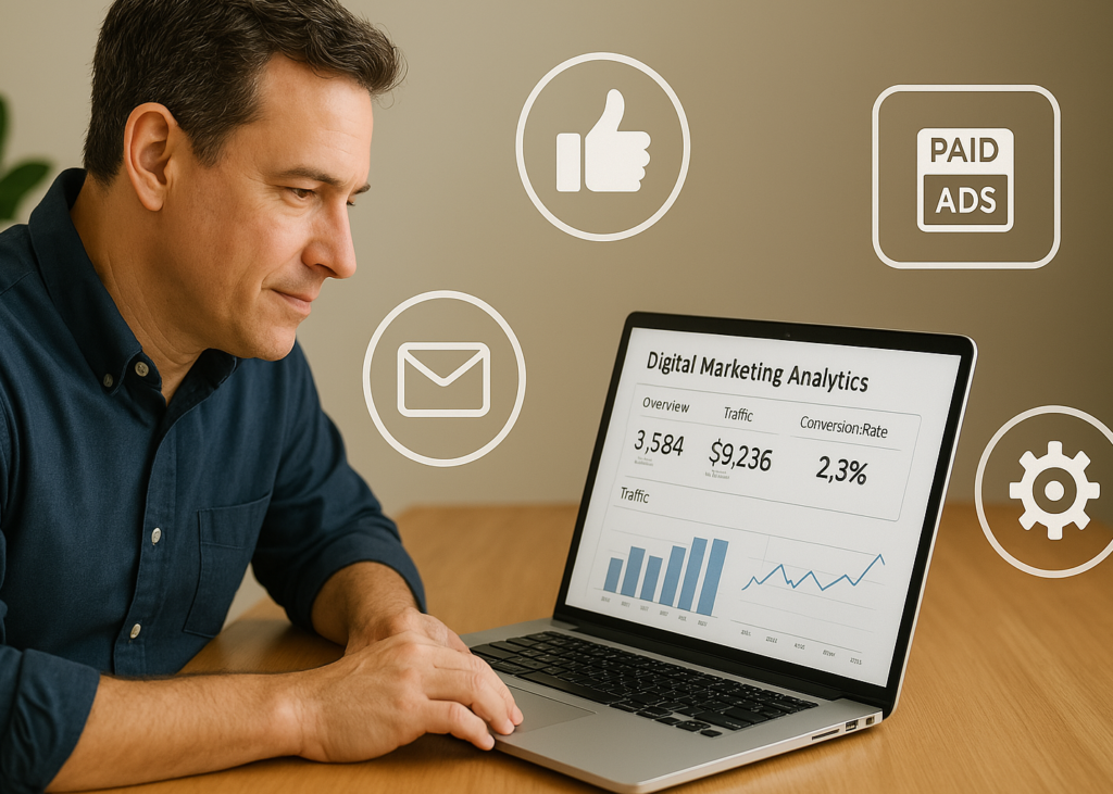 Entrepreneur analyzing lead generation metrics on a laptop with marketing icons overlay.