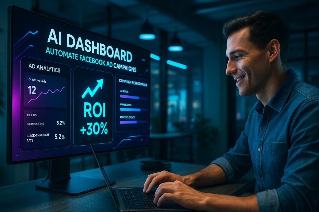 Digital marketer using an AI-powered dashboard to run Facebook ad campaigns with data charts showing increased ROI