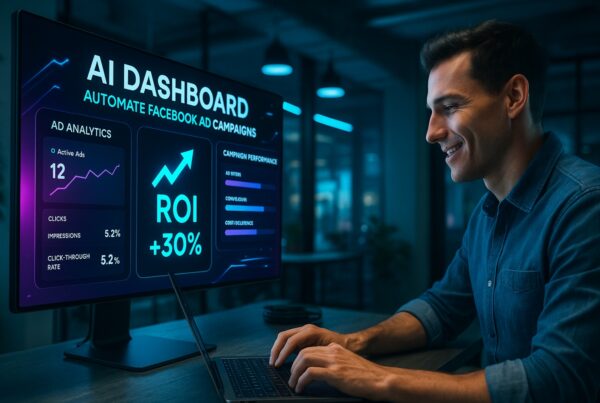 Digital marketer using an AI-powered dashboard to run Facebook ad campaigns with data charts showing increased ROI