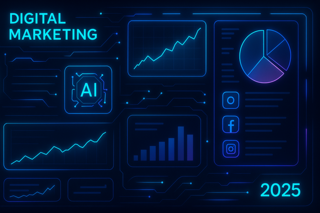 Futuristic digital content marketing dashboard with AI, data analytics, and social media icons glowing on a touchscreen interface.