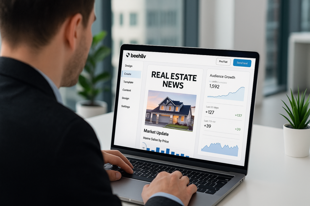 Real estate agent working on a laptop using Beehiiv to send a newsletter with property listings.