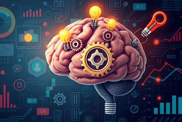 Illustration of a brain merging with gears and lightbulbs, symbolizing the transformation into an entrepreneurial mindset