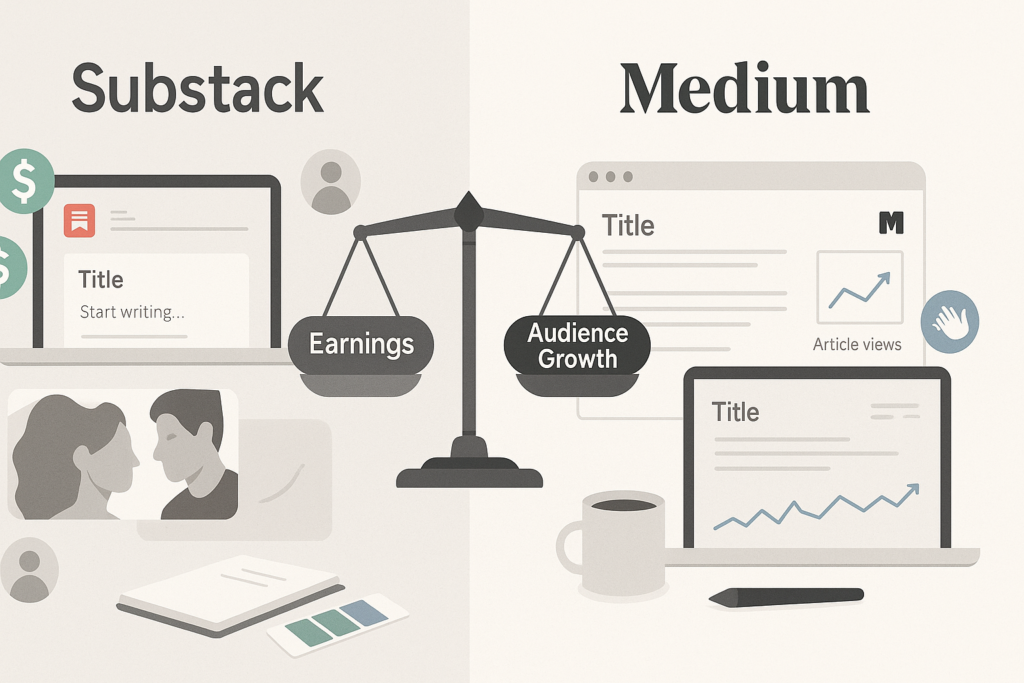 A split-screen comparison showing Substack on one side and Medium on the other. The Substack side features a newsletter interface with dollar signs and subscriber icons, while the Medium side shows an article feed with clapping hands icons and a graph of rising reads. A scale in the middle weighs "Earnings" and "Audience Growth" with both sides slightly balanced, suggesting pros and cons to each platform.