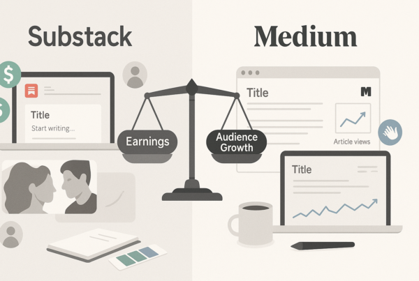 A split-screen comparison showing Substack on one side and Medium on the other. The Substack side features a newsletter interface with dollar signs and subscriber icons, while the Medium side shows an article feed with clapping hands icons and a graph of rising reads. A scale in the middle weighs "Earnings" and "Audience Growth" with both sides slightly balanced, suggesting pros and cons to each platform.