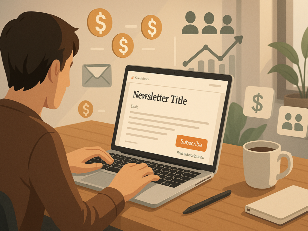 A digital workspace showing a writer composing a Substack newsletter on a laptop. The screen displays a clean newsletter layout with a "Subscribe" button and payment icons. Nearby, symbols of email, growth charts, and dollar signs emphasize audience building and monetization. The setting is minimal and professional, with warm lighting and focused atmosphere.