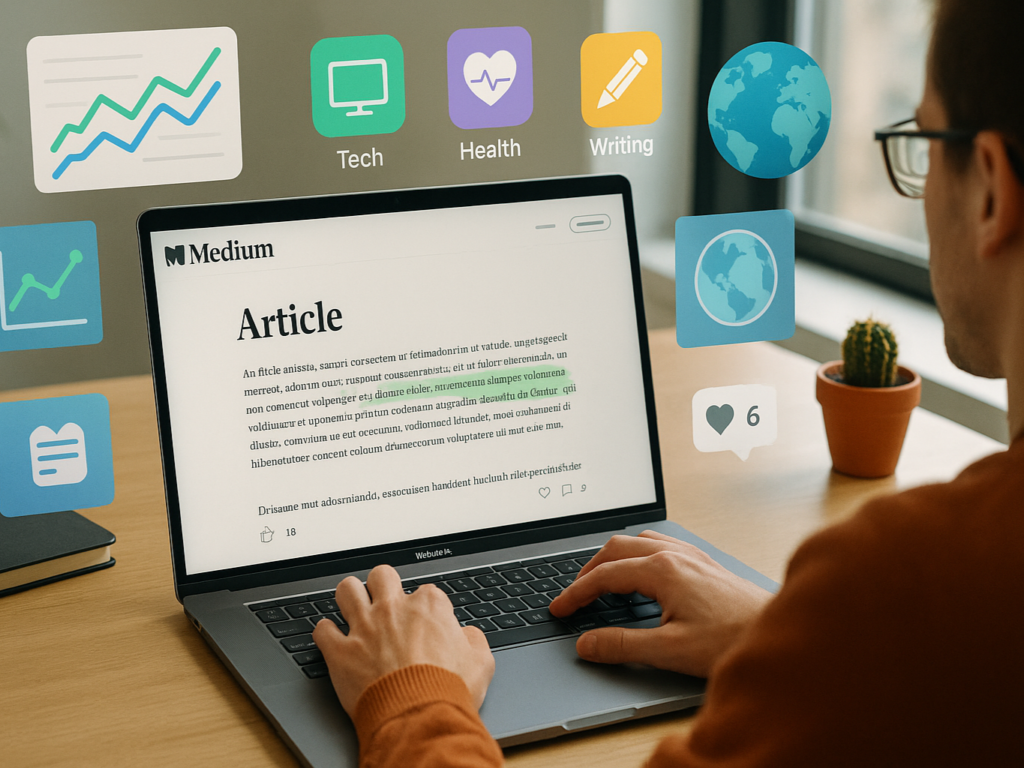 A writer typing a blog article on Medium using a minimalist interface on a laptop. The screen shows a clean layout with highlighted text and reader interaction features like claps and comments. Surrounding the writer are icons of analytics charts, diverse content categories, and a globe symbolizing Medium’s global audience reach. The environment is bright, modern, and focused.