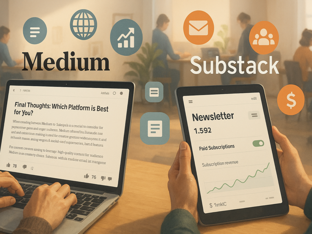 A digital comparison of Medium and Substack platforms. On one side, the Medium interface is shown on a laptop screen with article text, social features like claps and comments, and a growing audience graph. On the other side, Substack is displayed on a tablet, highlighting email subscriber lists, a newsletter editor, and a subscription revenue chart. In the background, creators are shown at desks in creative workspaces, symbolizing audience engagement and content monetization strategies.