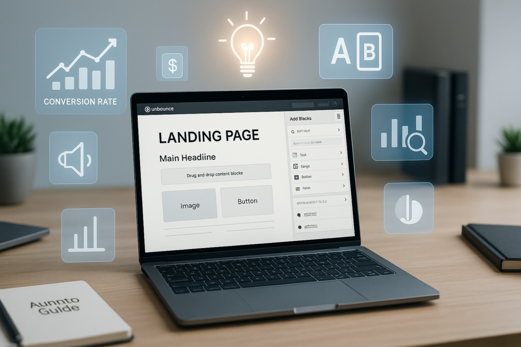 Modern laptop screen showing an Unbounce landing page builder interface with drag-and-drop elements, surrounded by marketing icons and analytics charts on a sleek desk setup.