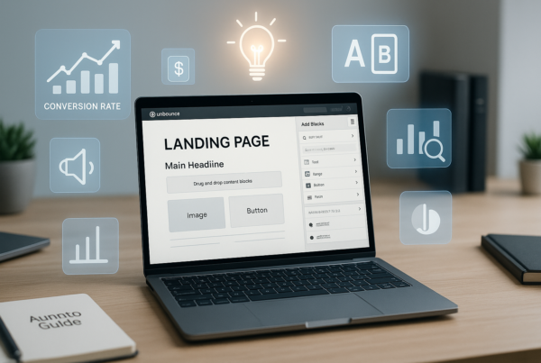 Modern laptop screen showing an Unbounce landing page builder interface with drag-and-drop elements, surrounded by marketing icons and analytics charts on a sleek desk setup.