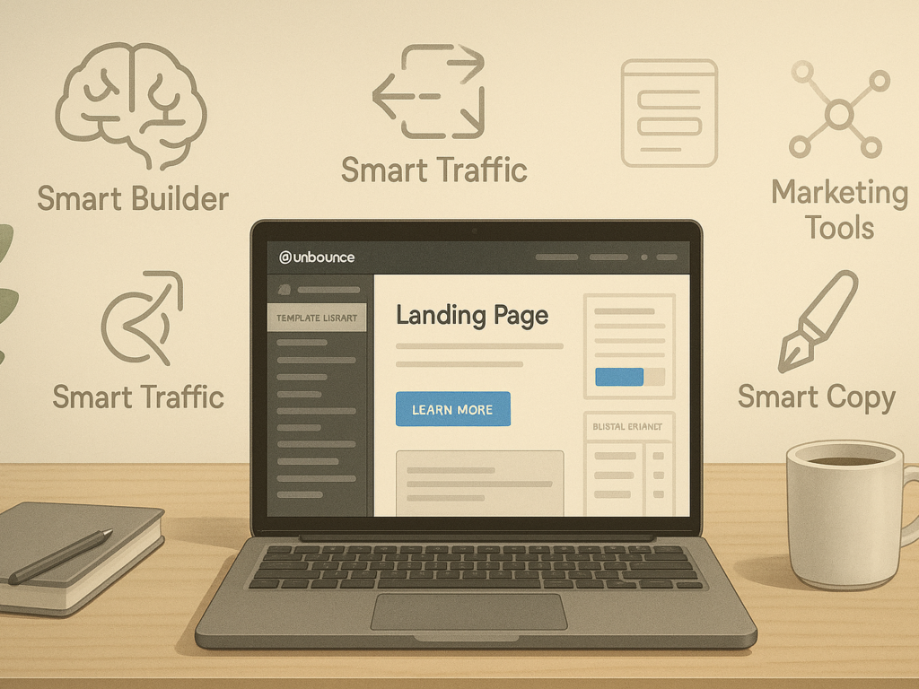 Close-up of a laptop screen displaying Unbounce’s drag-and-drop landing page builder with templates, alongside icons representing AI features like Smart Builder, Smart Traffic, and Smart Copy, set on a modern desk with marketing visuals in the background.