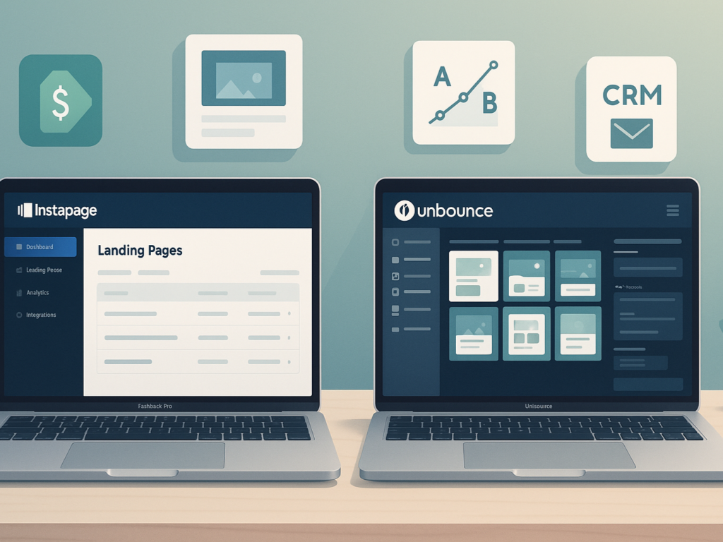 Side-by-side comparison of Instapage and Unbounce landing page builder dashboards on two laptops, surrounded by icons representing pricing, templates, A/B testing, and marketing integrations in a modern workspace.

