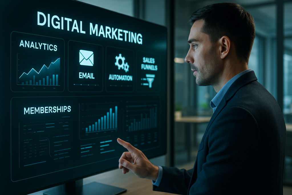 Business professional using an all-in-one digital marketing dashboard on a futuristic computer interface, symbolizing Kartra’s platform in 2025.