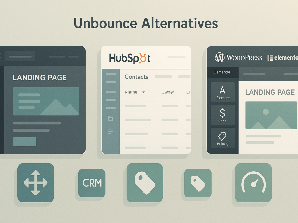 Comparison layout featuring logos and screenshots of Leadpages, HubSpot, and Elementor on digital screens, with pricing tags and feature icons like drag-and-drop editors, CRMs, and templates, displayed on a modern workspace background.