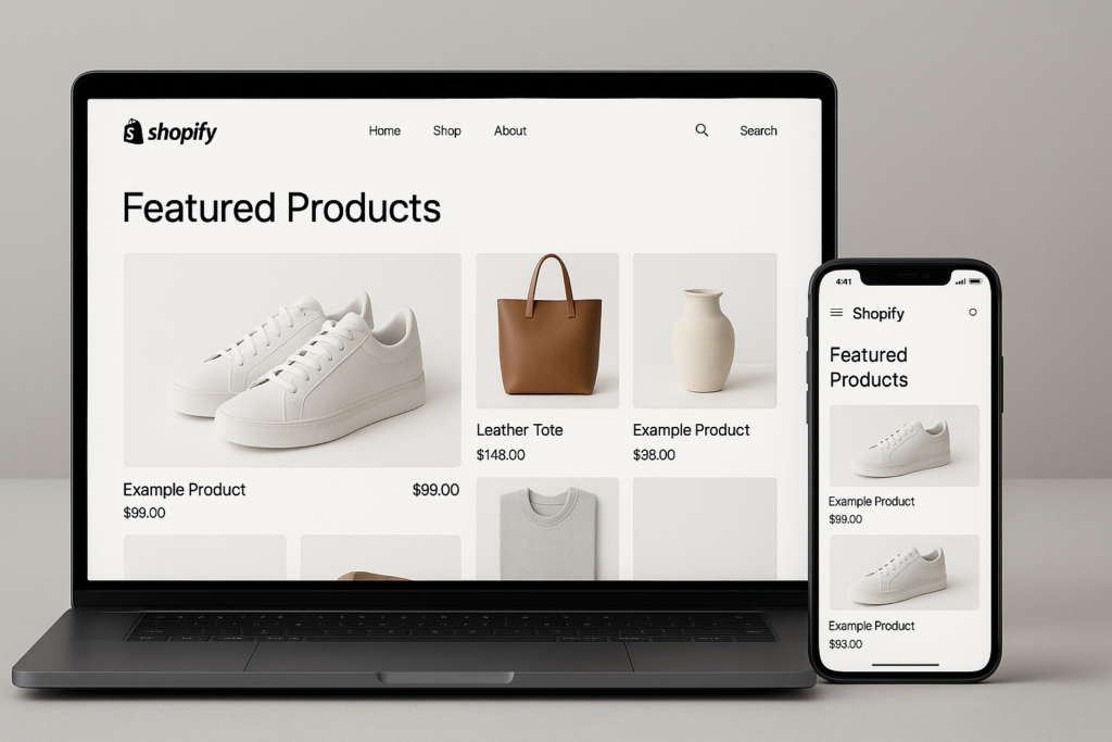 Modern Shopify store interface displayed on laptop and smartphone, with clean design and intuitive navigation elements.