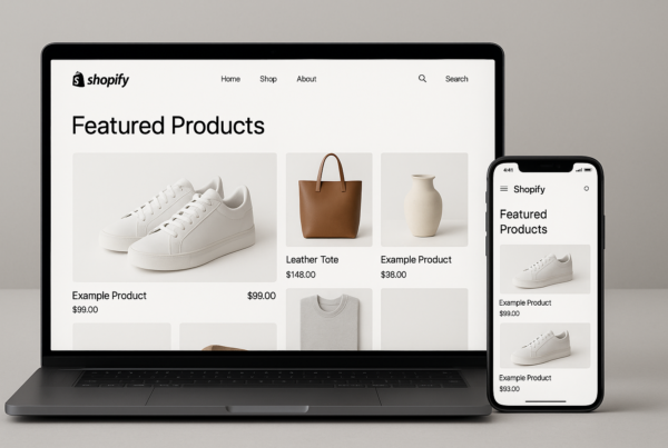 Modern Shopify store interface displayed on laptop and smartphone, with clean design and intuitive navigation elements.
