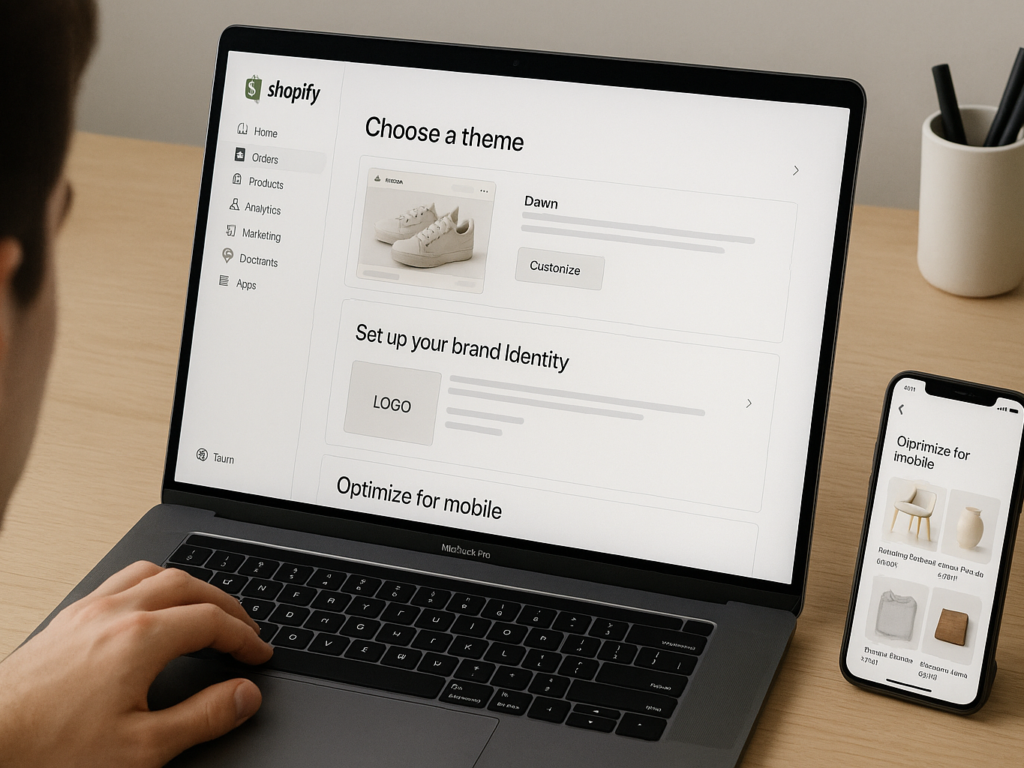 Beginner-friendly Shopify store setup on a laptop screen, showing clean layout, mobile optimization, and intuitive theme selection for e-commerce success in 2025.