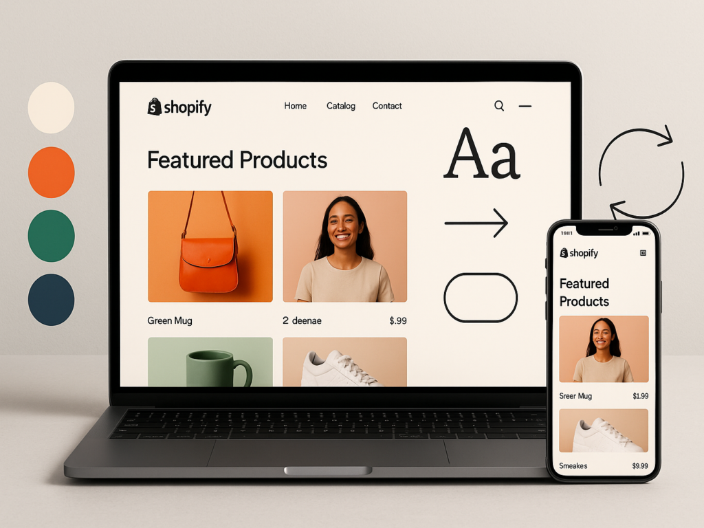 Laptop and smartphone displaying a modern, mobile-optimized Shopify store design with clean navigation, brand colors, and product images to illustrate a professional e-commerce layout.