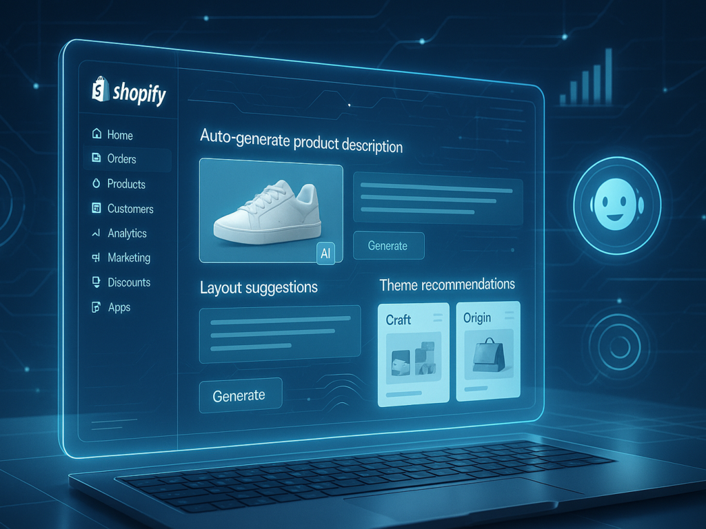 Shopify dashboard enhanced with AI features such as automatic product description generation, layout suggestions, and real-time analytics displayed in a futuristic, tech-driven workspace.