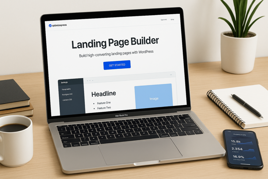 Digital marketer's workspace with a laptop showing a landing page builder interface, representing OptimizePress, surrounded by marketing tools and devices in a clean, bright office setting.