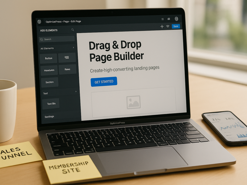 Laptop screen displaying the OptimizePress page builder interface with drag-and-drop tools, surrounded by notebooks and a smartphone showing marketing funnel stats, set on a clean desk in a bright, modern workspace.