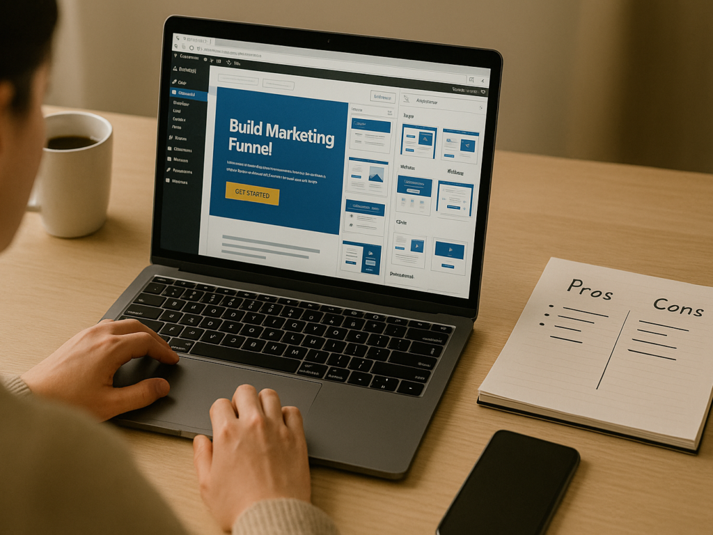 Person working on a WordPress-based drag-and-drop builder interface on a laptop, showing a marketing funnel page preview. The screen is surrounded by organized template thumbnails categorized by purpose, with notes and pros/cons on a nearby notepad.