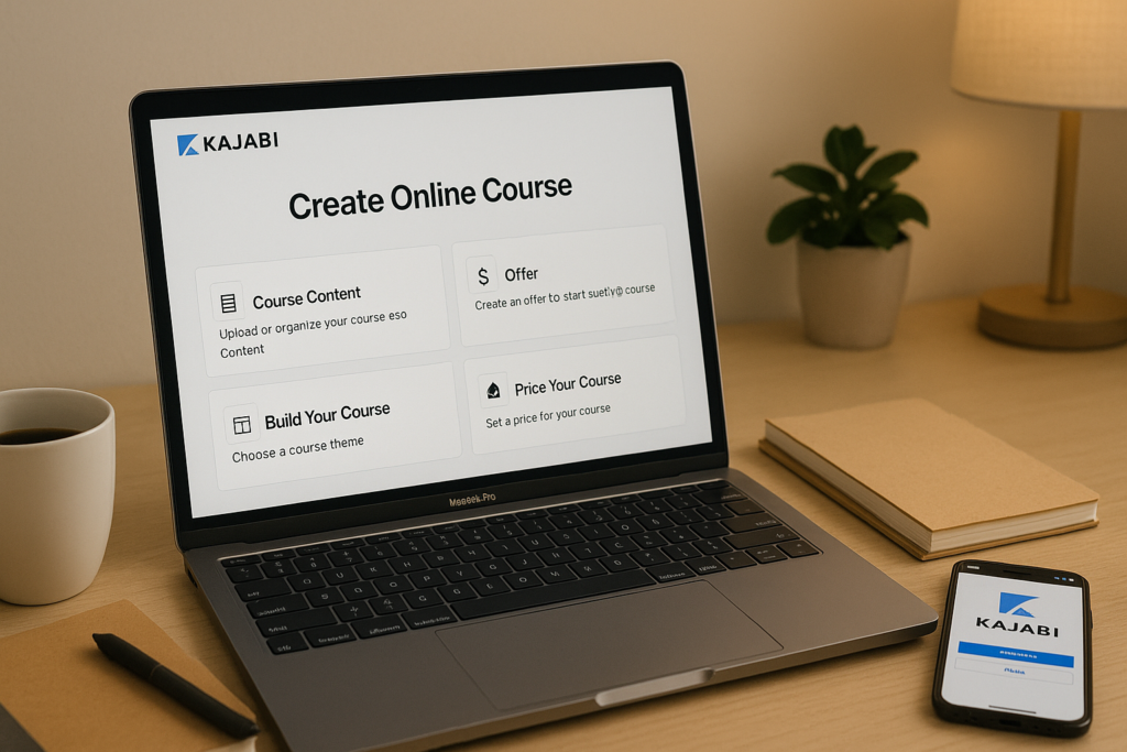 A person sitting at a desk with a laptop open to a Kajabi dashboard, showcasing online course creation tools. Nearby, there are notebooks, a cup of coffee, and a smartphone displaying Kajabi's mobile app. The atmosphere is focused and productive, with a clean workspace in a modern home office setting.
