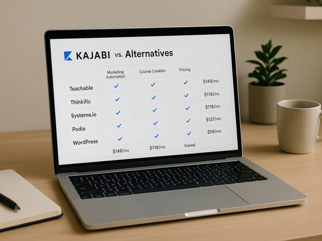 A comparison chart displayed on a laptop screen, showing the key differences between Kajabi and its alternatives like Teachable, Thinkific, Systeme.io, Podia, and WordPress with plugins. The chart highlights features like marketing automation, course creation tools, and pricing. Nearby, thereβs a notebook, pen, and cup of coffee, symbolizing the decision-making process for online business owners.