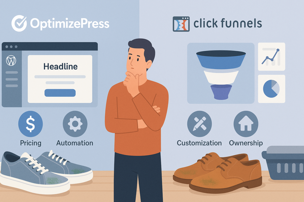 Illustration comparing OptimizePress and ClickFunnels, with a small business owner deciding between the two. Includes logos, funnel graphics, and icons for pricing and features.