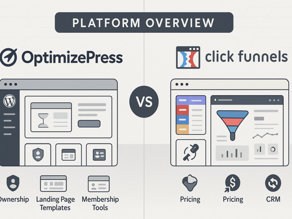 Infographic-style image comparing OptimizePress and ClickFunnels. Left side shows OptimizePress as a WordPress plugin with builder tools and funnel features. Right side shows ClickFunnels with funnel recipes, CRM, and automation. A “vs” symbol divides the two, with a clean, tech-inspired design.