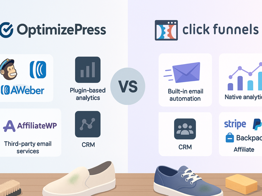 Illustration comparing OptimizePress and ClickFunnels marketing integrations. Shows email automation, analytics dashboards, CRM icons, and affiliate tools side by side. Clean tech-inspired layout with icons representing key differences.