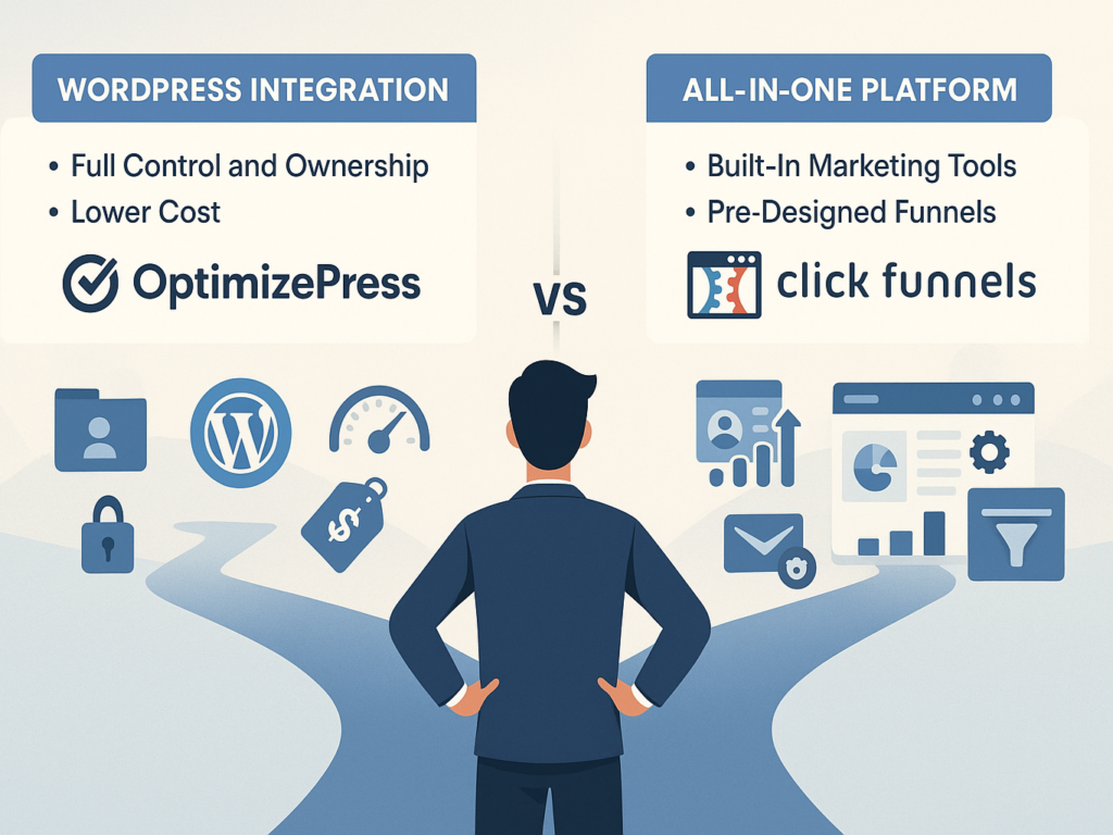 Final comparison image showing a business owner choosing between OptimizePress and ClickFunnels. One path leads to WordPress-based tools and savings, the other to an all-in-one platform with built-in marketing. Balanced layout showing key pros of each.