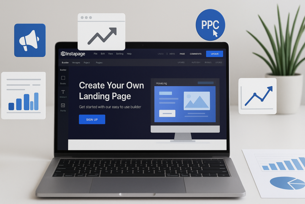 Instapage interface on a laptop screen with marketing analytics and PPC dashboard in the background.