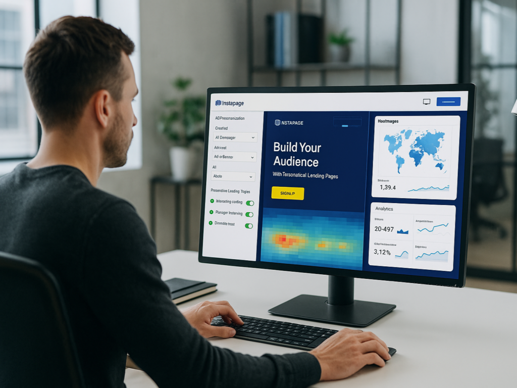 Digital marketer customizing a landing page on Instapage with campaign analytics, heatmaps, and ad personalization tools visible on screen.