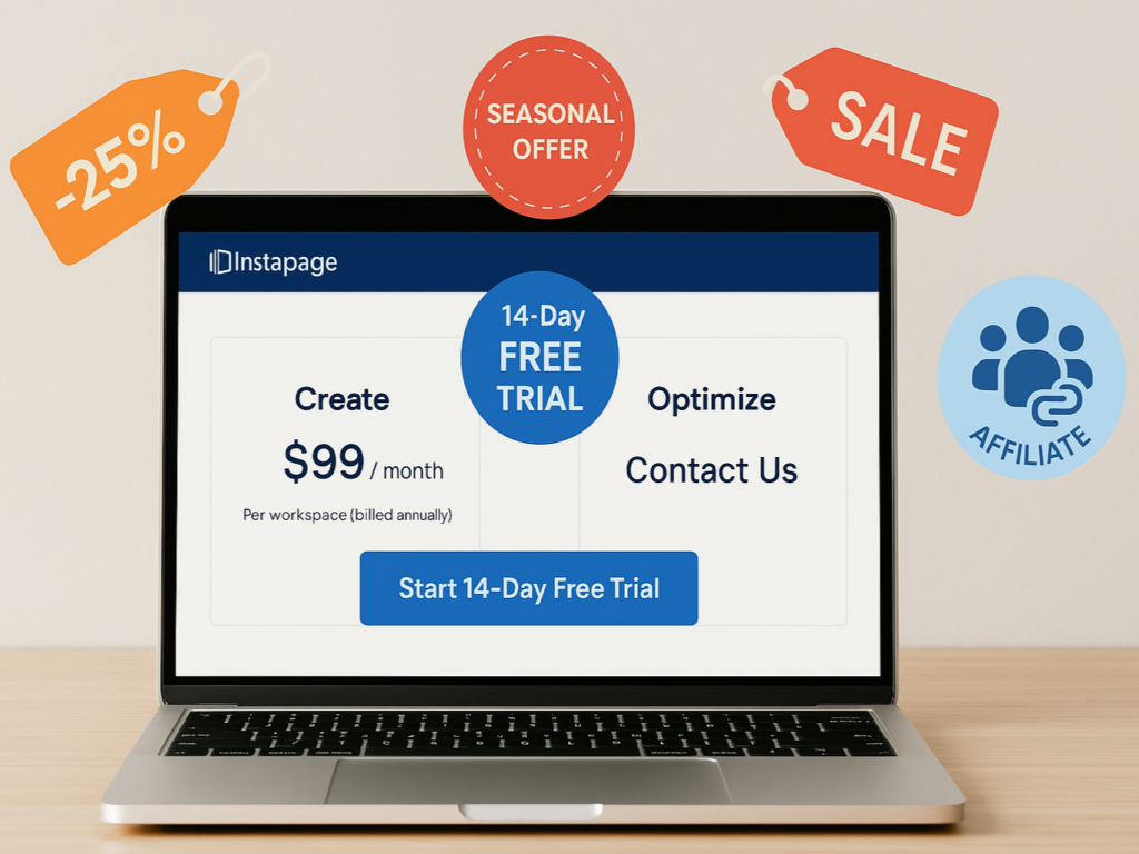 Instapage pricing comparison on a laptop screen with discount tags, free trial badge, and affiliate offer highlights.