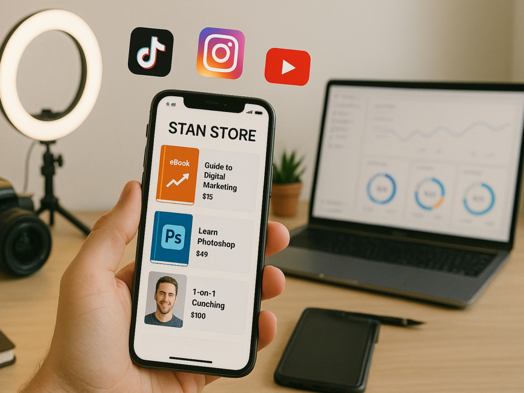 A creator’s digital workspace showing a smartphone screen with a Stan Store link-in-bio storefront displaying digital products like eBooks, courses, and coaching sessions; surrounded by creator tools like a ring light, camera, and social media icons for TikTok, Instagram, and YouTube.

