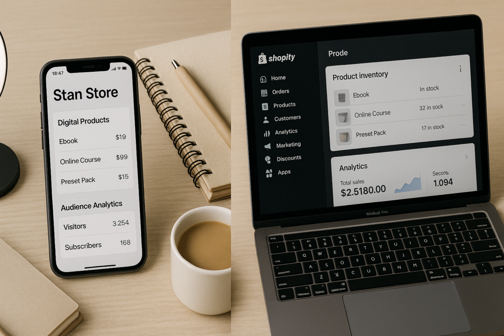 A split-screen concept showing a creator’s mobile-optimized Stan Store dashboard on one side and a detailed Shopify desktop admin panel on the other, with visual cues like digital products, downloads, and analytics to highlight differences between the platforms.