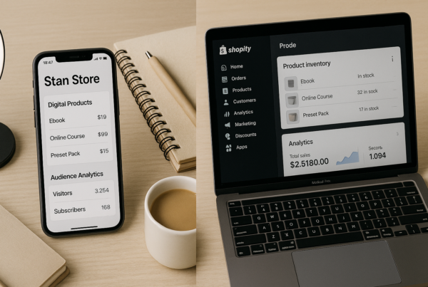 A split-screen concept showing a creator’s mobile-optimized Stan Store dashboard on one side and a detailed Shopify desktop admin panel on the other, with visual cues like digital products, downloads, and analytics to highlight differences between the platforms.