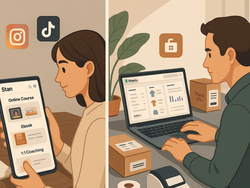 Side-by-side workspace image showing a digital creator using Stan Store on a smartphone for selling eBooks and coaching, while a business owner manages a Shopify store on a laptop with physical products and packaging tools, illustrating different ecommerce approaches.