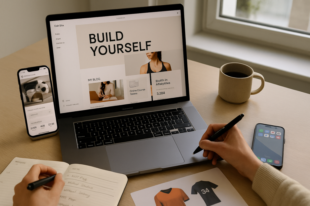 A modern workspace scene featuring a laptop displaying a Squarespace website editor with sleek, visually rich templates. A sidebar shows features like blogging, online courses, and analytics. The background includes notebooks, a smartphone with social media open, and a cozy, creative office environment—symbolizing ease of use and professional design appeal.
