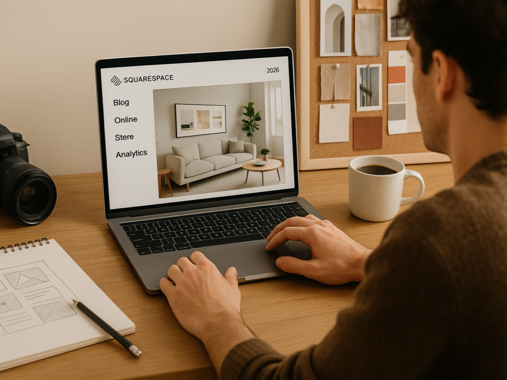 A creative professional building a sleek website using the Squarespace editor on a laptop, surrounded by tools like a camera, sketchpad, and branding materials. The screen shows template customization with menu navigation for blogging, store, and analytics—capturing Squarespace as an all-in-one platform for online presence.