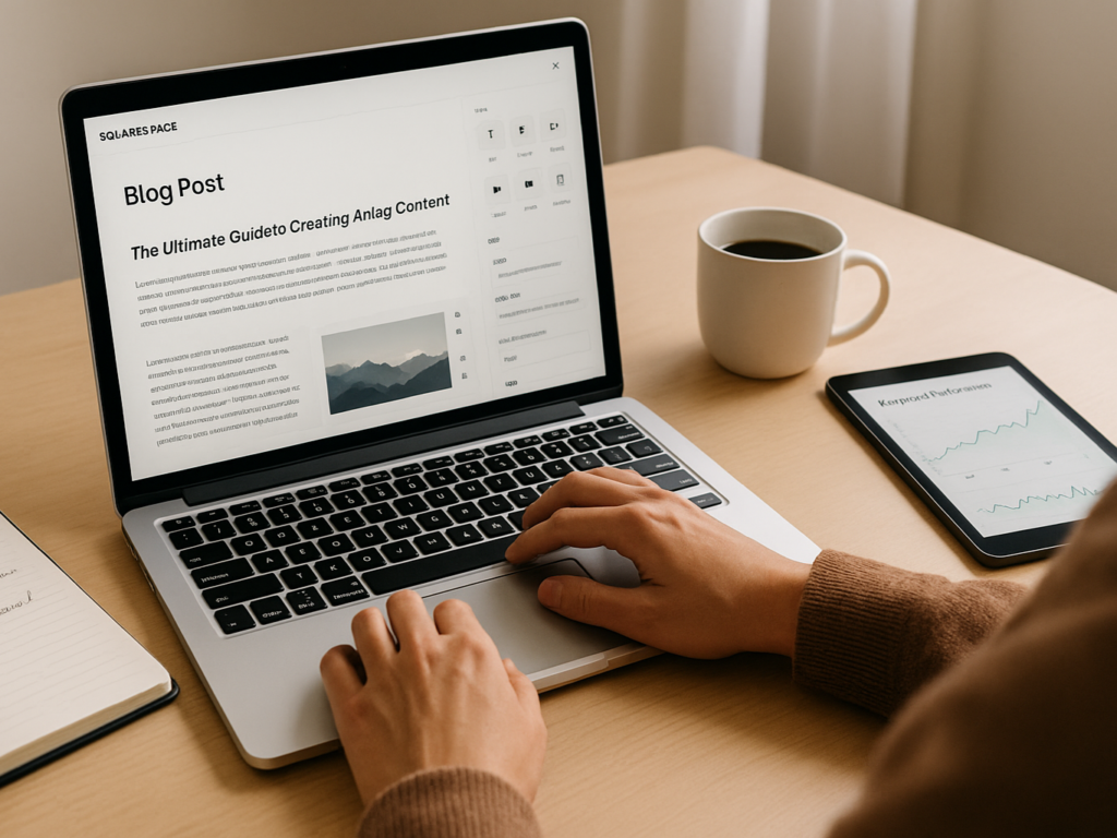 A content creator writing a blog post using the Squarespace editor on a laptop, with visible block-based layout elements like text, images, and videos. The workspace includes a notebook, coffee mug, and tablet showing SEO tools, symbolizing the intersection of creativity, usability, and technical blogging features.