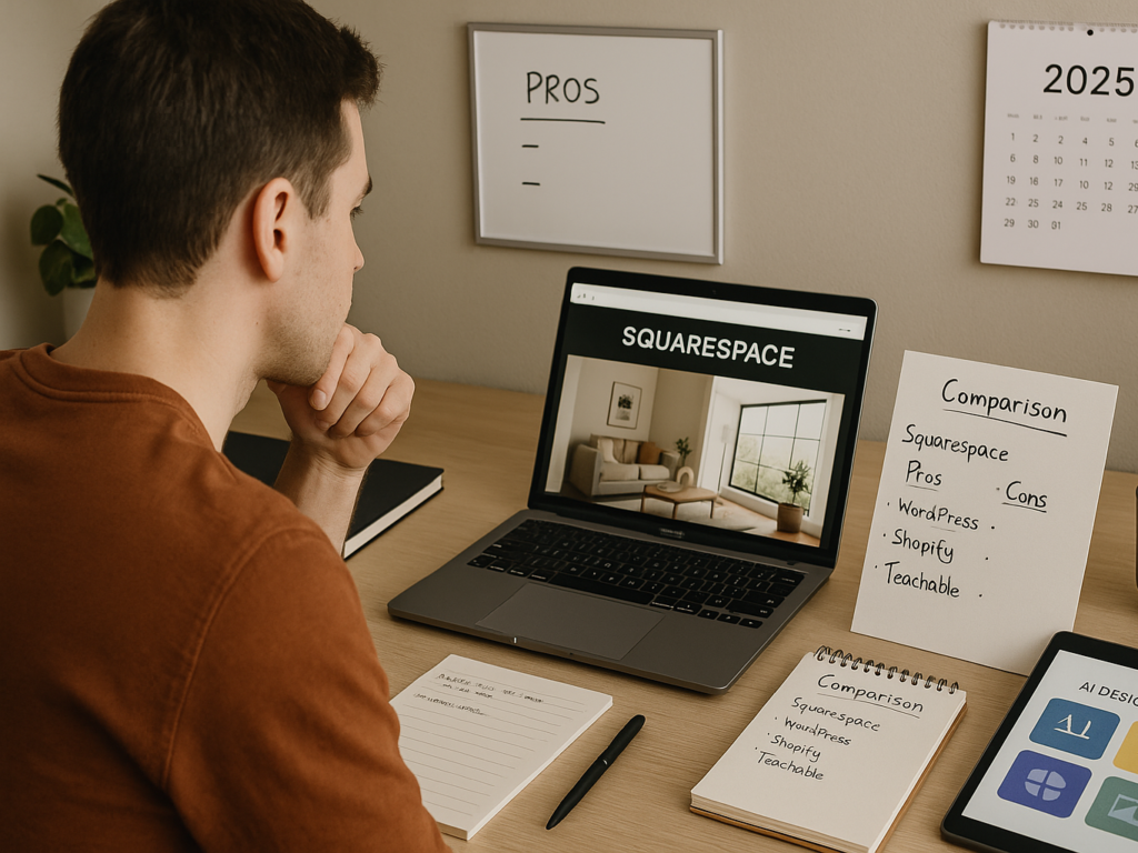 A thoughtful website creator reviews a Squarespace website project on a laptop, surrounded by notes comparing Squarespace to platforms like WordPress, Shopify, and Teachable. The workspace includes a whiteboard with pros and cons, a coffee cup, and a 2025 calendar, symbolizing decision-making and planning for online business or creative work.