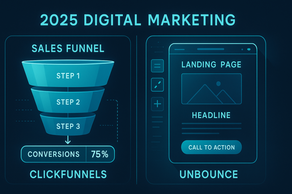Split screen comparison of ClickFunnels and Unbounce platforms, showcasing sales funnel and landing page elements in a modern digital marketing interface.