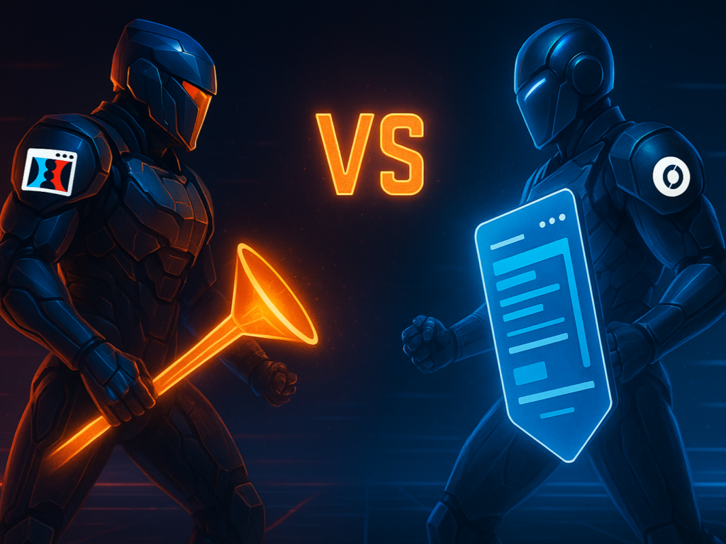A dramatic face-off between ClickFunnels and Unbounce, represented as futuristic marketing warriors locked in an intense digital duel, symbolizing a battle of landing page giants.