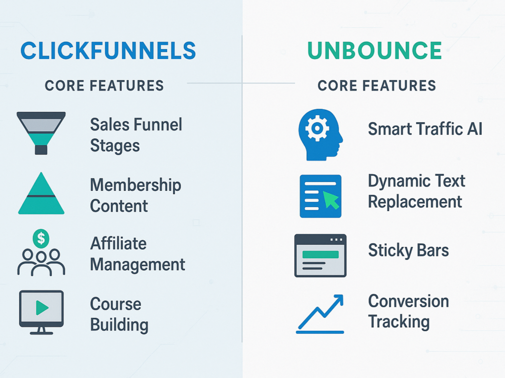 Visual breakdown of ClickFunnels and Unbounce core features, with icons representing sales funnels, affiliate tools, landing pages, and AI optimization in a side-by-side digital layout.
