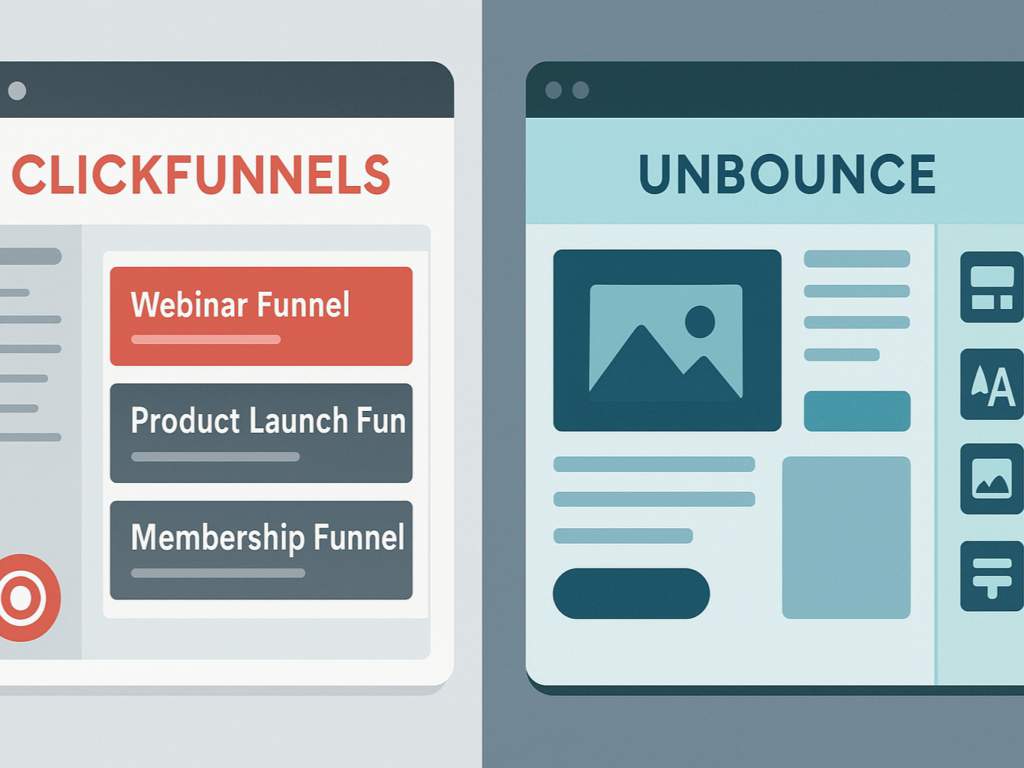 Side-by-side visual of ClickFunnels and Unbounce template editors, with one showing structured funnel sequences and the other displaying flexible drag-and-drop landing page customization tools.