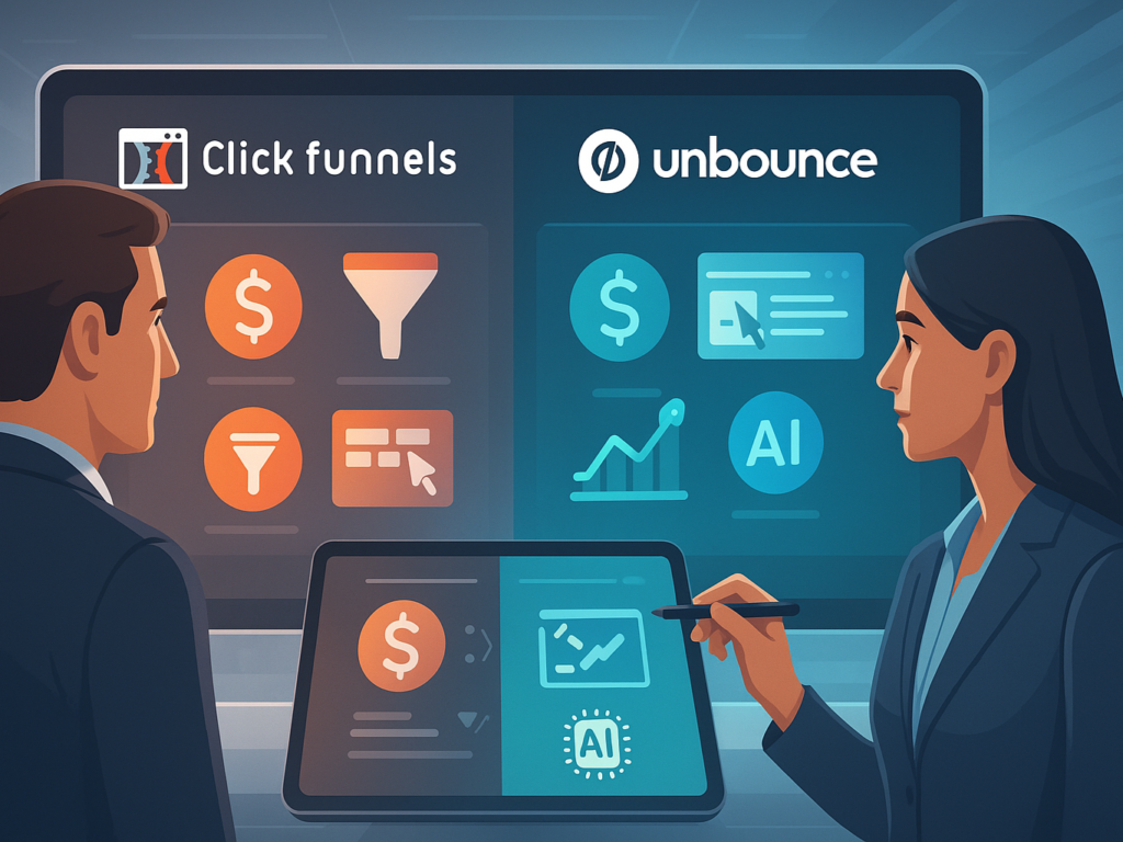Two business professionals comparing ClickFunnels and Unbounce on a digital screen, with icons for pricing, conversion tools, design freedom, and sales funnels, set against a 2025 tech-style background.