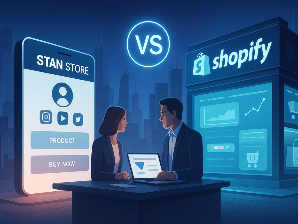 A modern cityscape featuring two contrasting digital storefronts—one sleek and minimalist, representing Stan Store, with a mobile-first, social media feel; the other larger and more structured, representing Shopify, with a classic ecommerce design. A subtle 'VS' symbol glows above them in the sky, suggesting a competitive comparison. The scene is clean, tech-forward, and visually balanced, evoking a sense of innovation and rivalry.