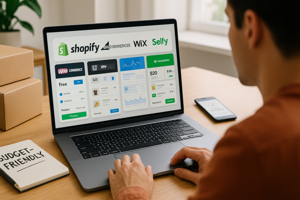 Comparison of dropshipping platforms on laptop screen, highlighting alternatives to Shopify with free and budget-friendly features.